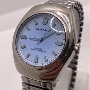 Vintage Quemex Silver Tone Blue Dial Quartz Watch New Battery Mens